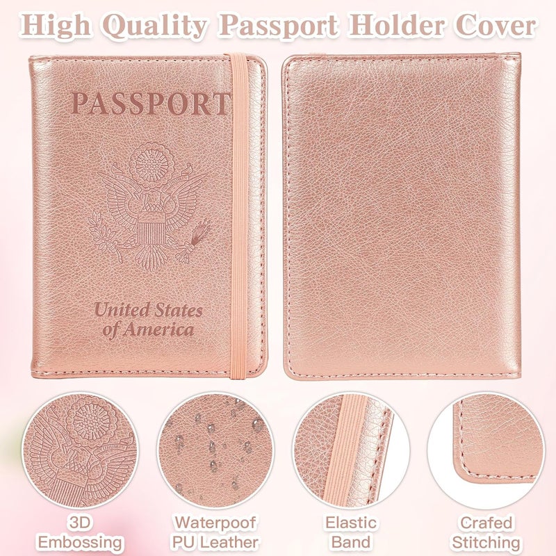 RHOttbiy Passport Holder for Travel, RFID Blocking Passport Cover with Pen Holder Leather Passport Wallet Case Travel Must Haves Accessories Passport Book Card Holder for Family Travel Essentials, Rose Gold - Image 4